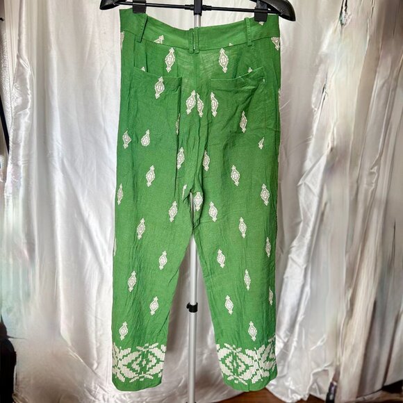 Zara | Green Embroidered Linen Pants | Size L - Picture 3 of 7